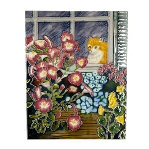 BENAYA Tile Art Plaque Flowers & Cat In Window 11" x 14" With Original Box